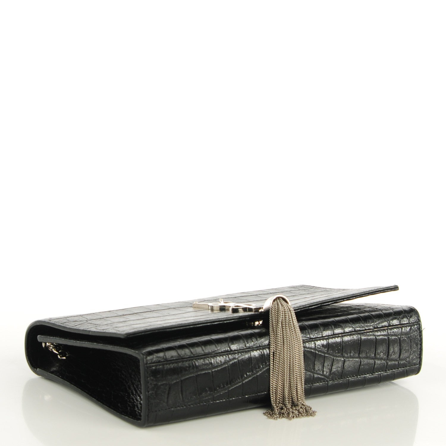 Saint Laurent Calfskin Crocodile Embossed Medium Classic Monogram Tassel Satchel Black 4 of 8