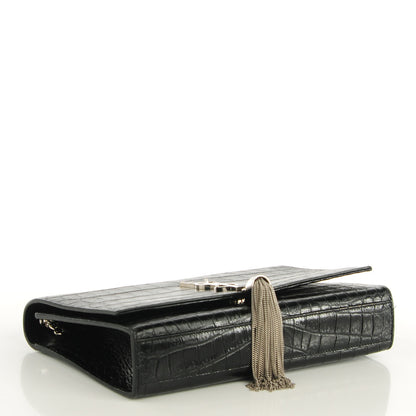 Saint Laurent Calfskin Crocodile Embossed Medium Classic Monogram Tassel Satchel Black 4 of 8