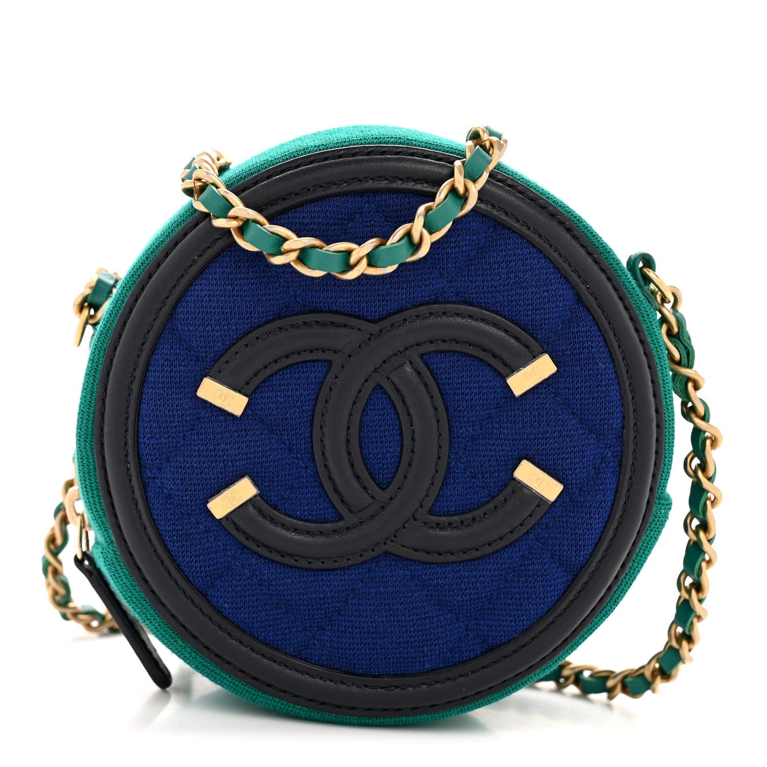 Chanel Jersey Quilted CC Filigree Round Clutch With Chain Blue Green Black 8 of 10