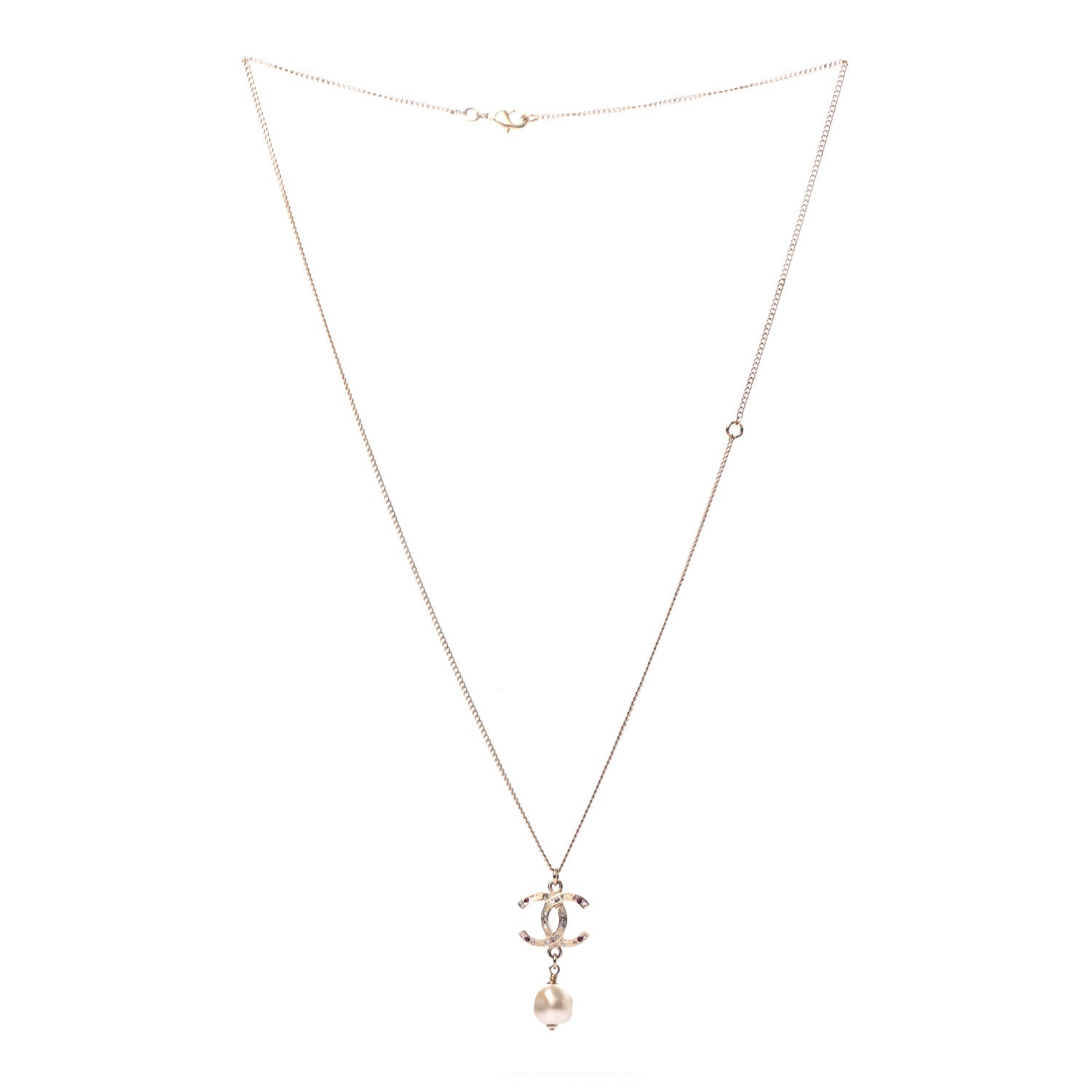 Chanel Crystal CC Pearl Drop Necklace Gold 3 of 5