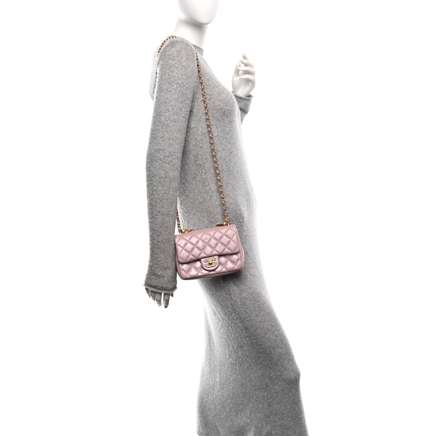 Chanel Shiny Lambskin Quilted Pearl Twist Mini Square Flap Light Pink 2 of 12