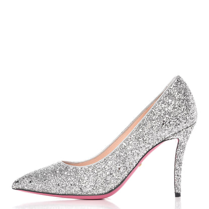 Gucci Nappa Silk Glitter Removable Crystal Heart Pumps 39.5 Argento 2 of 14