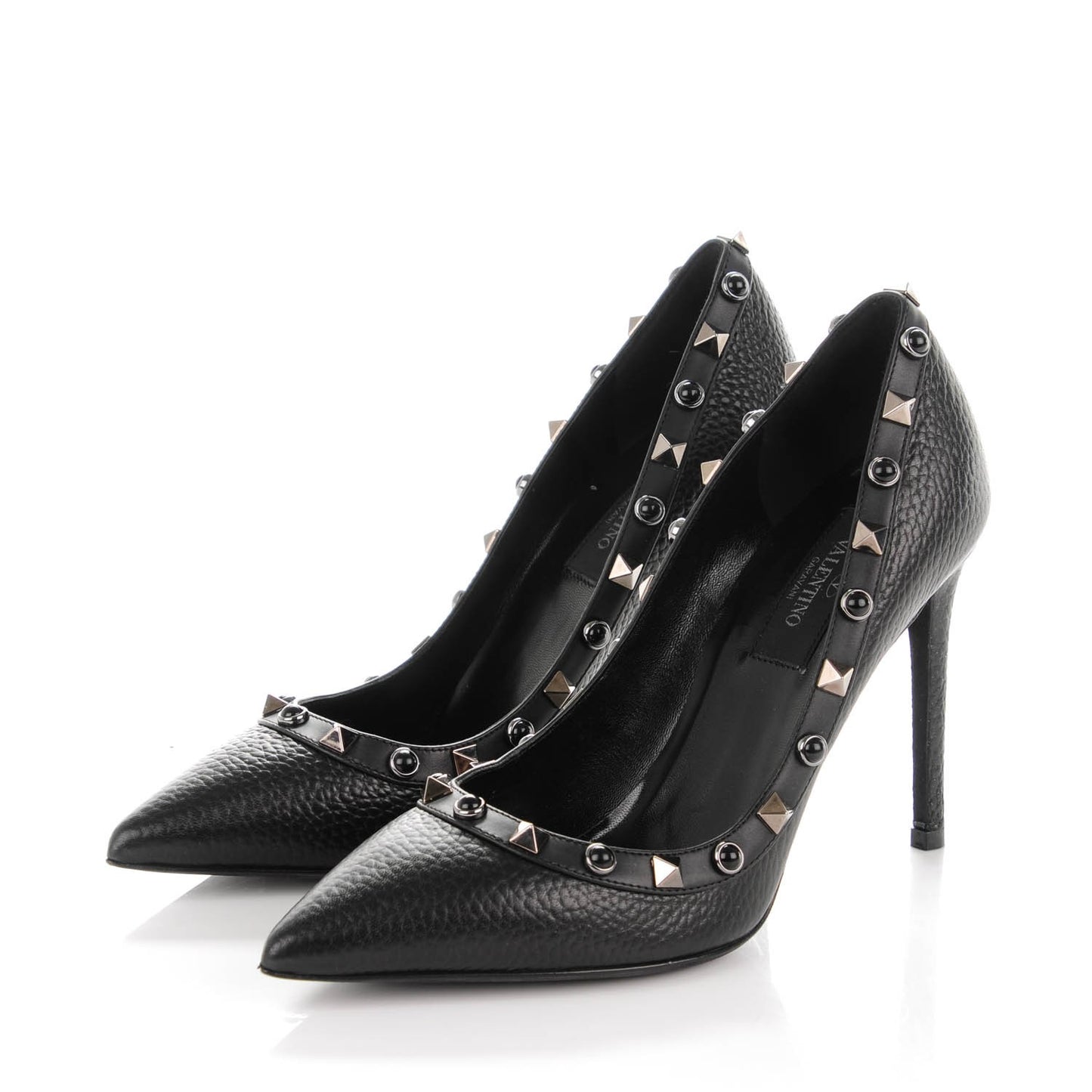 Pebbled Calfskin Onyx Rockstud Rolling 100mm Pumps 35.5 Black