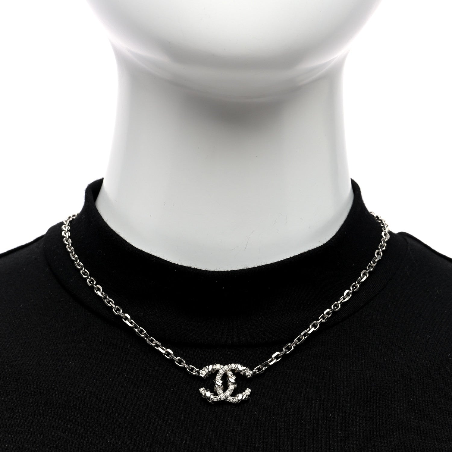 Chanel Crystal CC Pendant Necklace Silver 2 of 4
