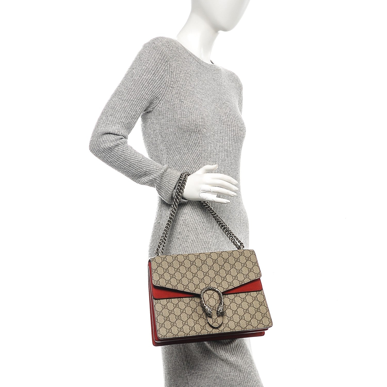 Gucci GG Supreme Monogram Suede Cudu Medium Dionysus Shoulder Bag Beige Ebony Vulcanic Red 2 of 7