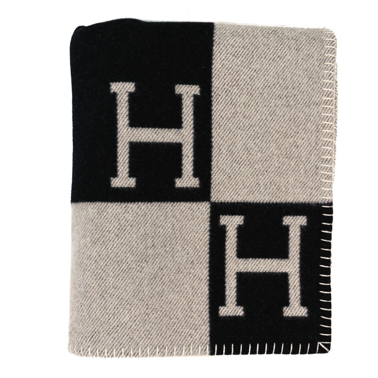 Hermes Wool Cashmere Avalon Signature Blanket Ecru Gris Fonce 1 of 3