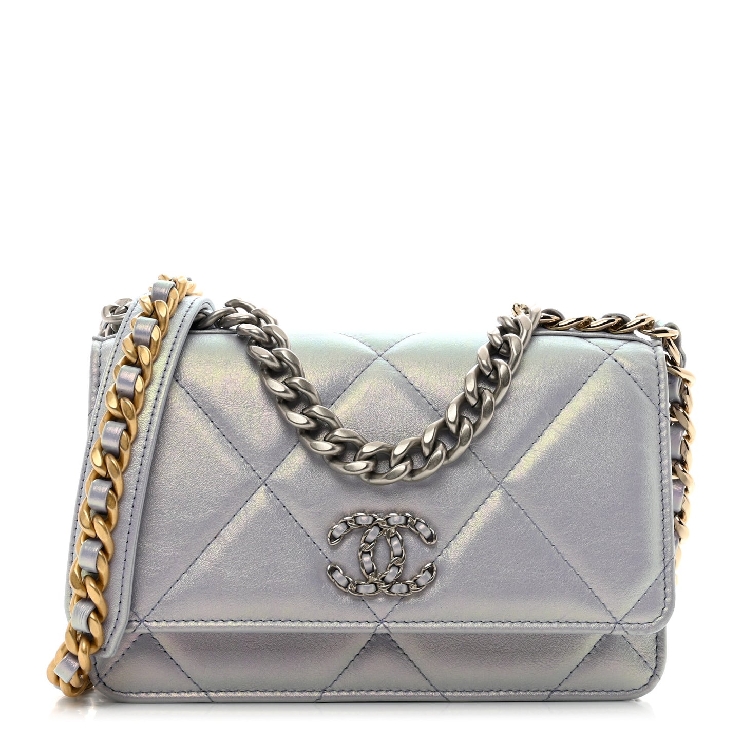 Iridescent Calfskin Quilted Chanel 19 Wallet On Chain WOC Light Purple