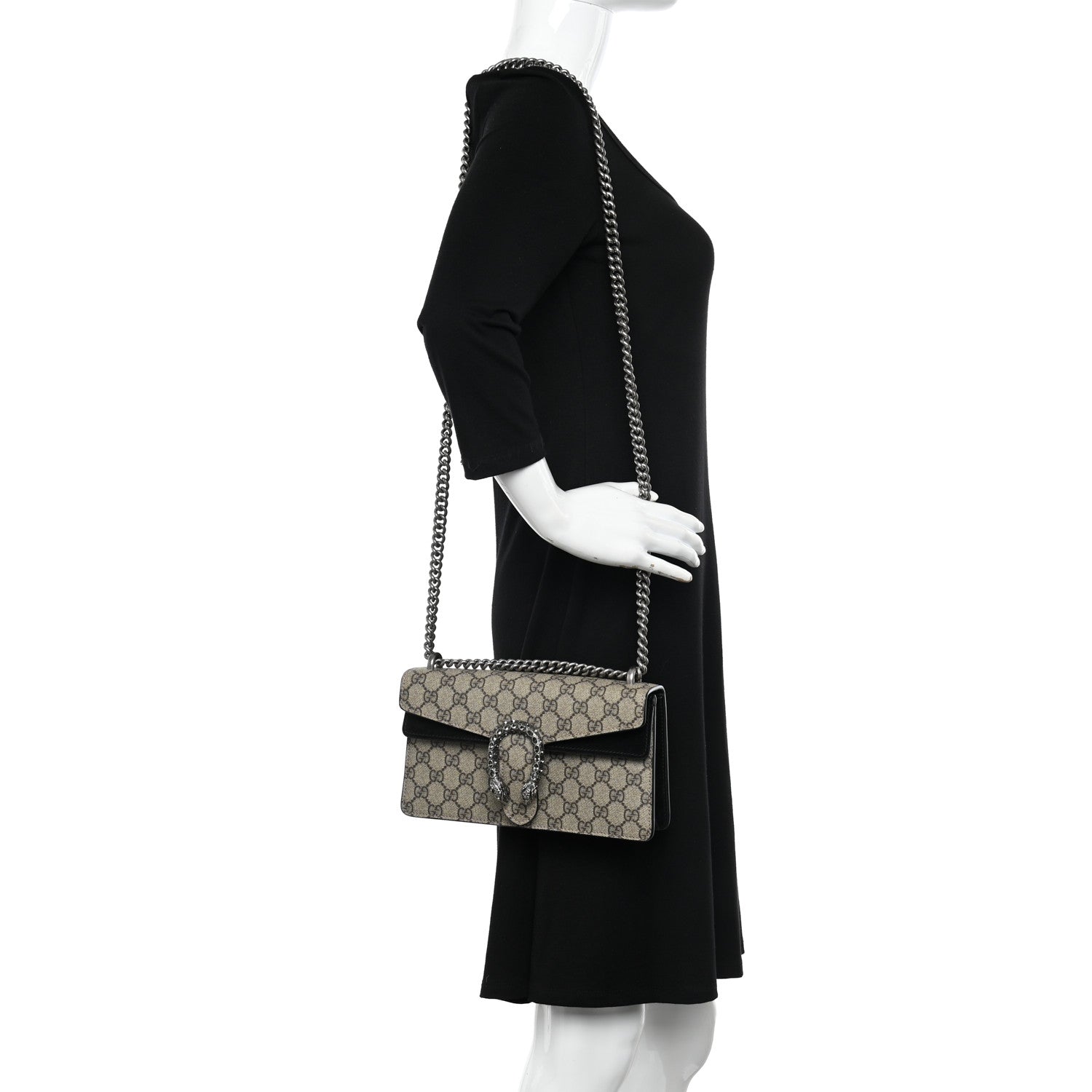 Gucci GG Supreme Monogram Suede Crystal Small Dionysus Shoulder Bag Beige Ebony Black 2 of 11