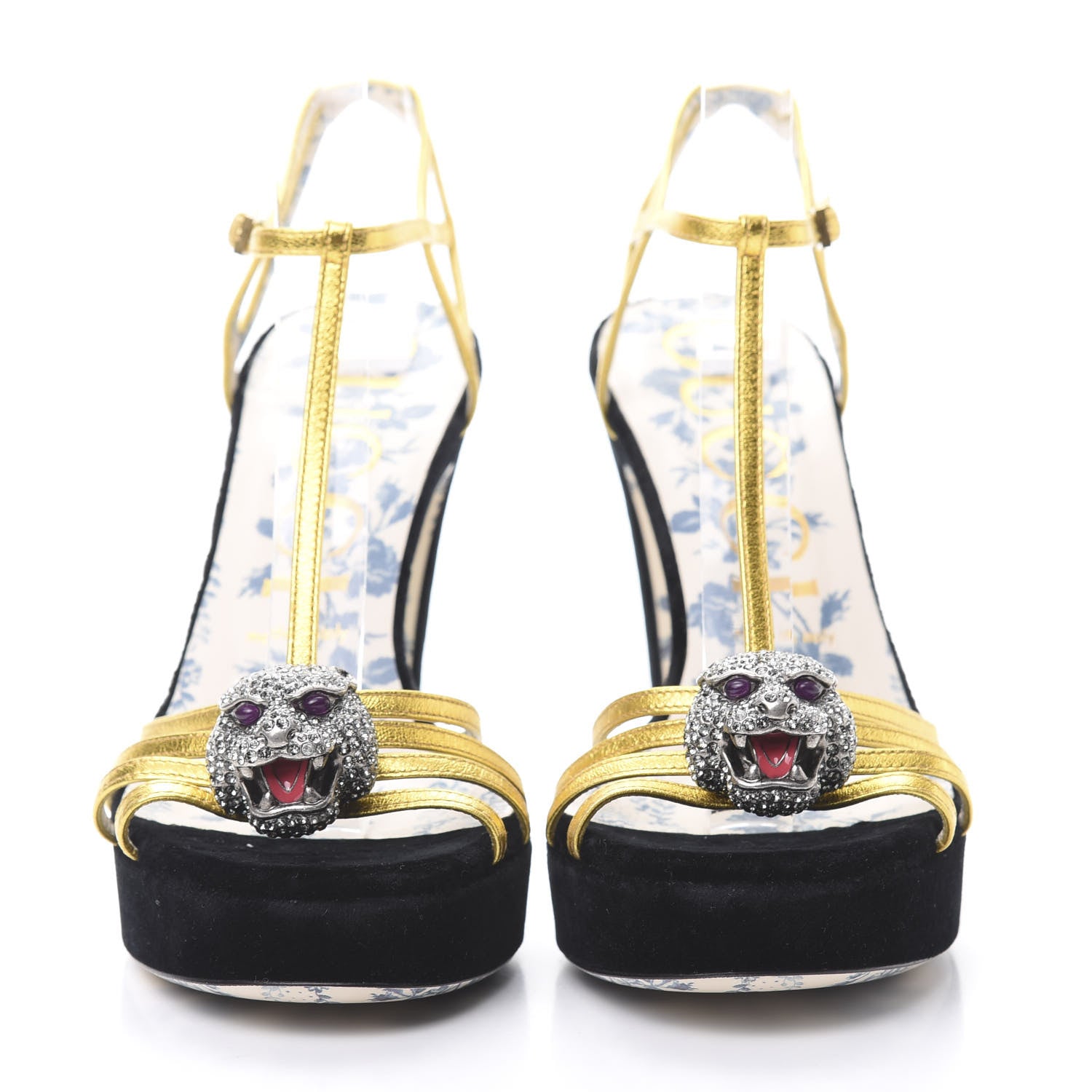 Gucci Velvet Nappa Elias T-Strap Platform High Heel Sandals 39 Black Gold 2 of 8