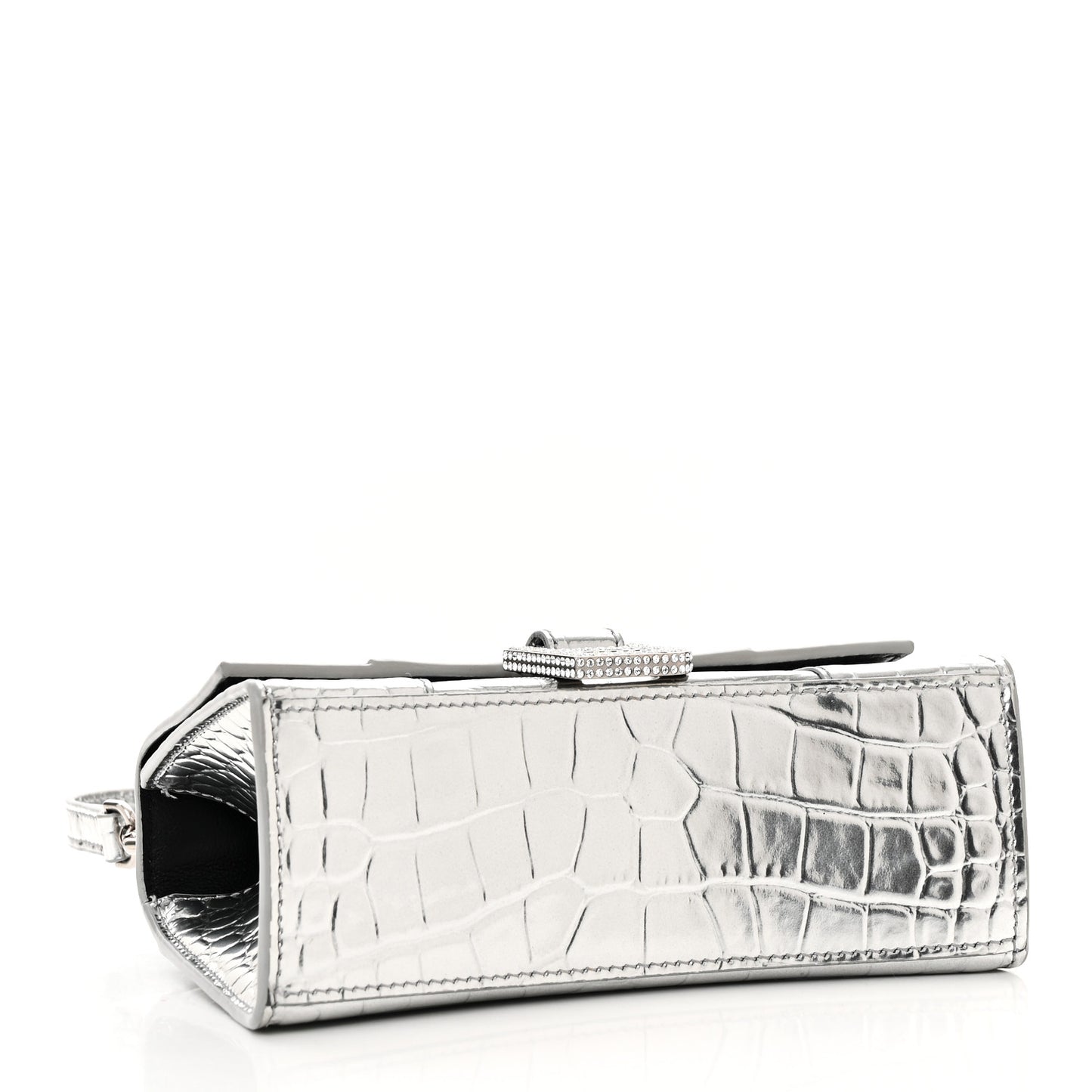 Metallic Calfskin Crocodile Embossed Crystal Hourglass Top Handle Bag XS Silver