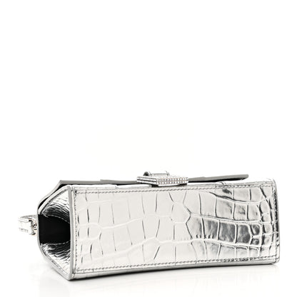 Balenciaga Metallic Calfskin Crocodile Embossed Crystal Hourglass Top Handle Bag XS Silver 4 of 11