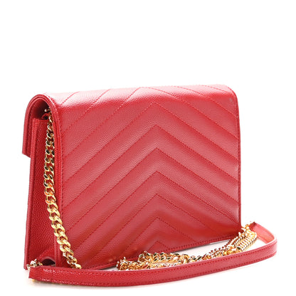 Saint Laurent Grain De Poudre Matelasse Chevron Monogram Envelope Chain Wallet New Red 3 of 10