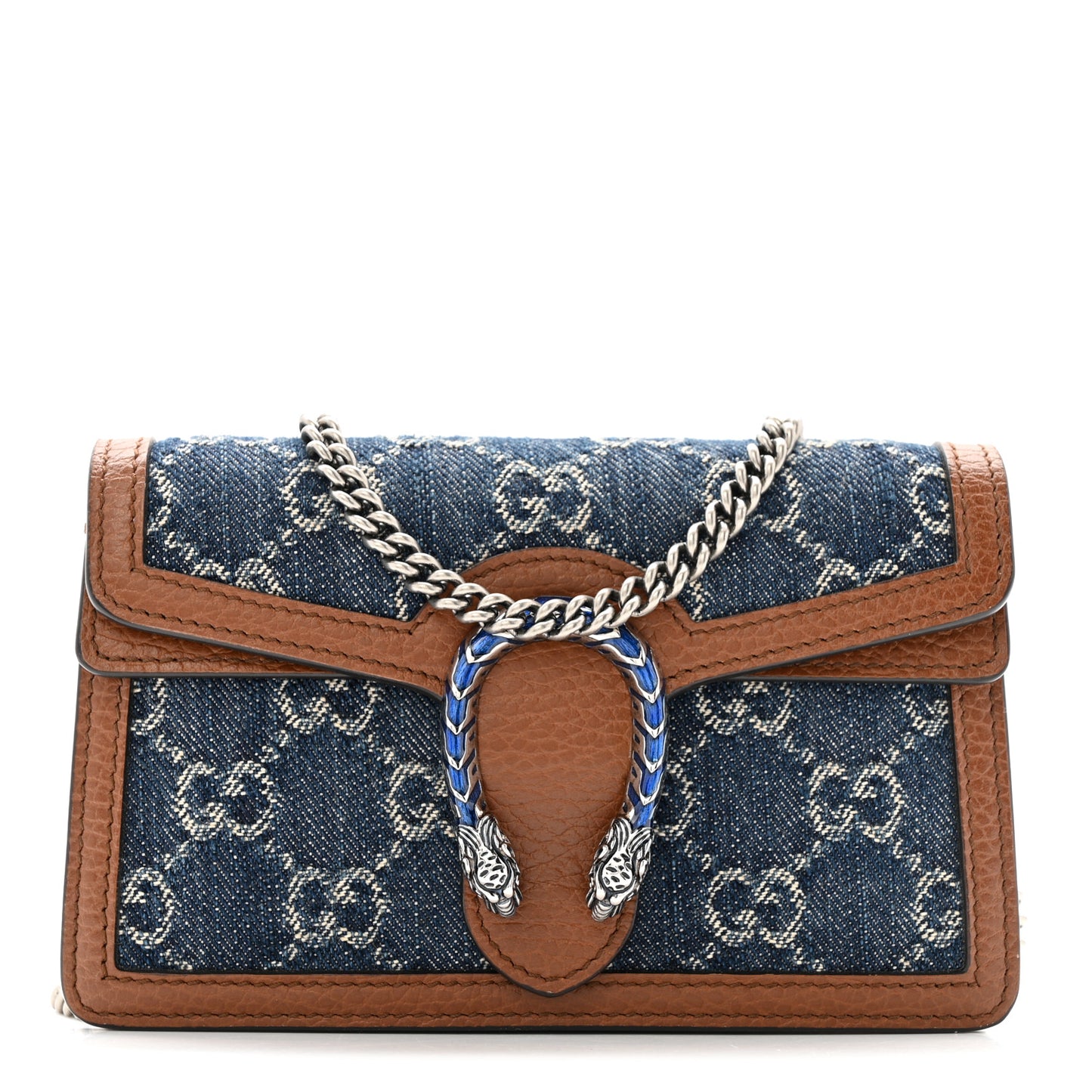 New Denim GG Monogram Dollar Calfskin Enamel Super Mini Dionysus Shoulder Bag Blue Tea Cuir Epilog Electric Blue
