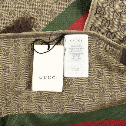 Gucci Wool Silk GG Monogram Web Verbier Fringe Scarf Light Brown Dark Green 5 of 5