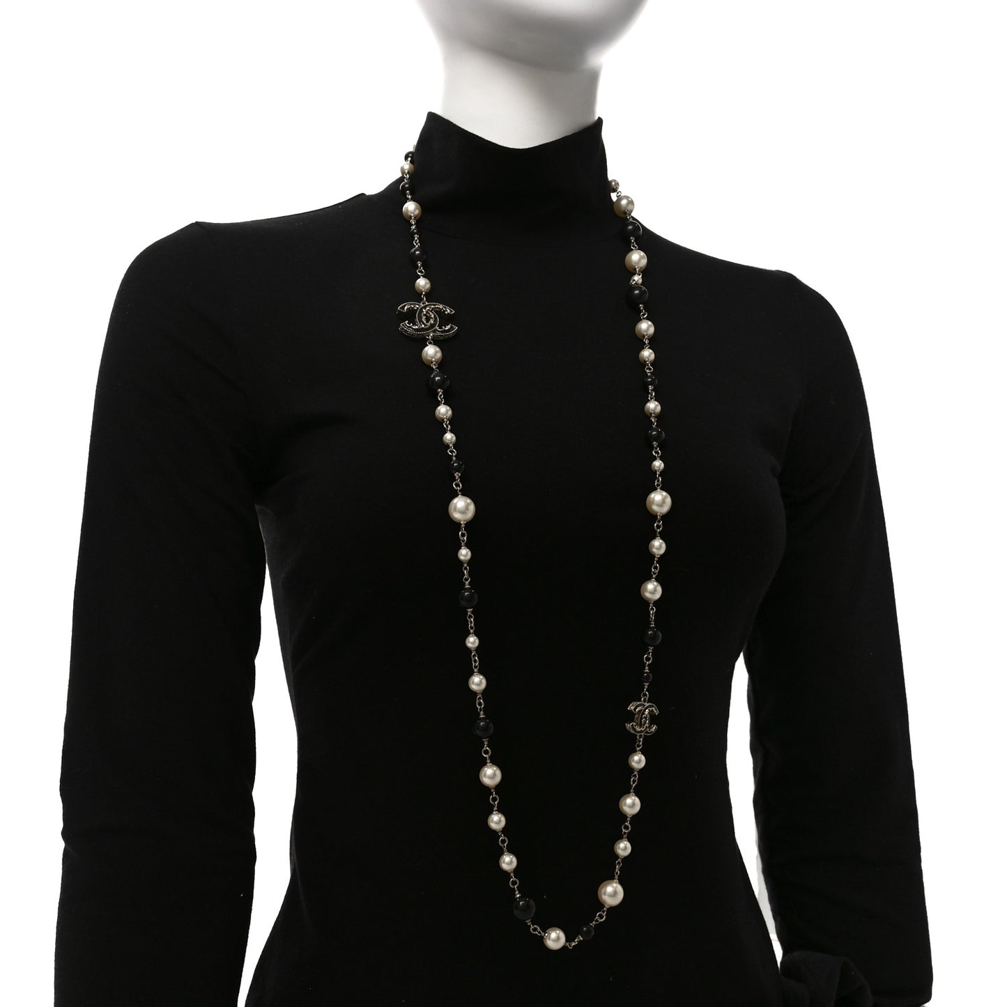 Pearl Enamel Beaded CC Baroque Long Necklace Black White Gold
