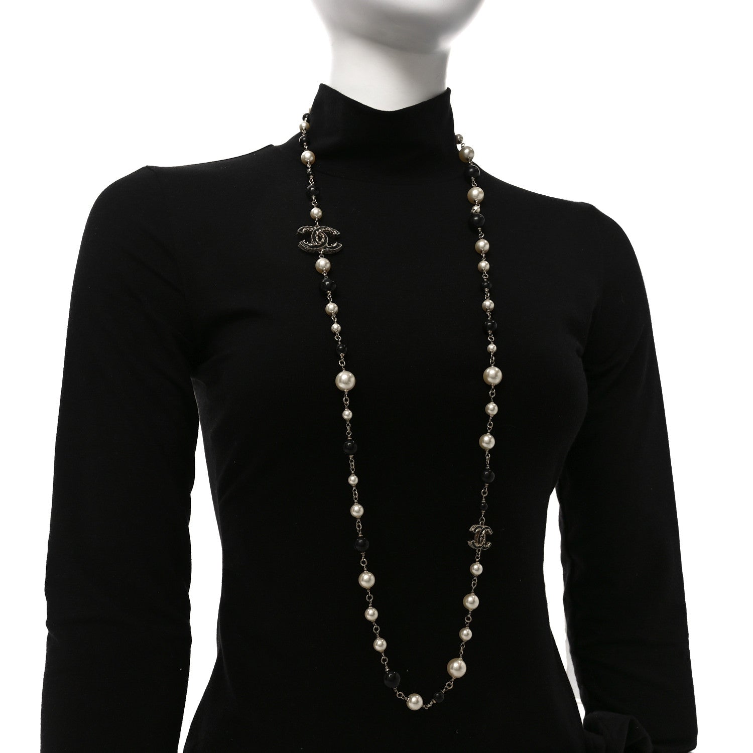 Chanel Pearl Enamel Beaded CC Baroque Long Necklace Black White Gold 2 of 5