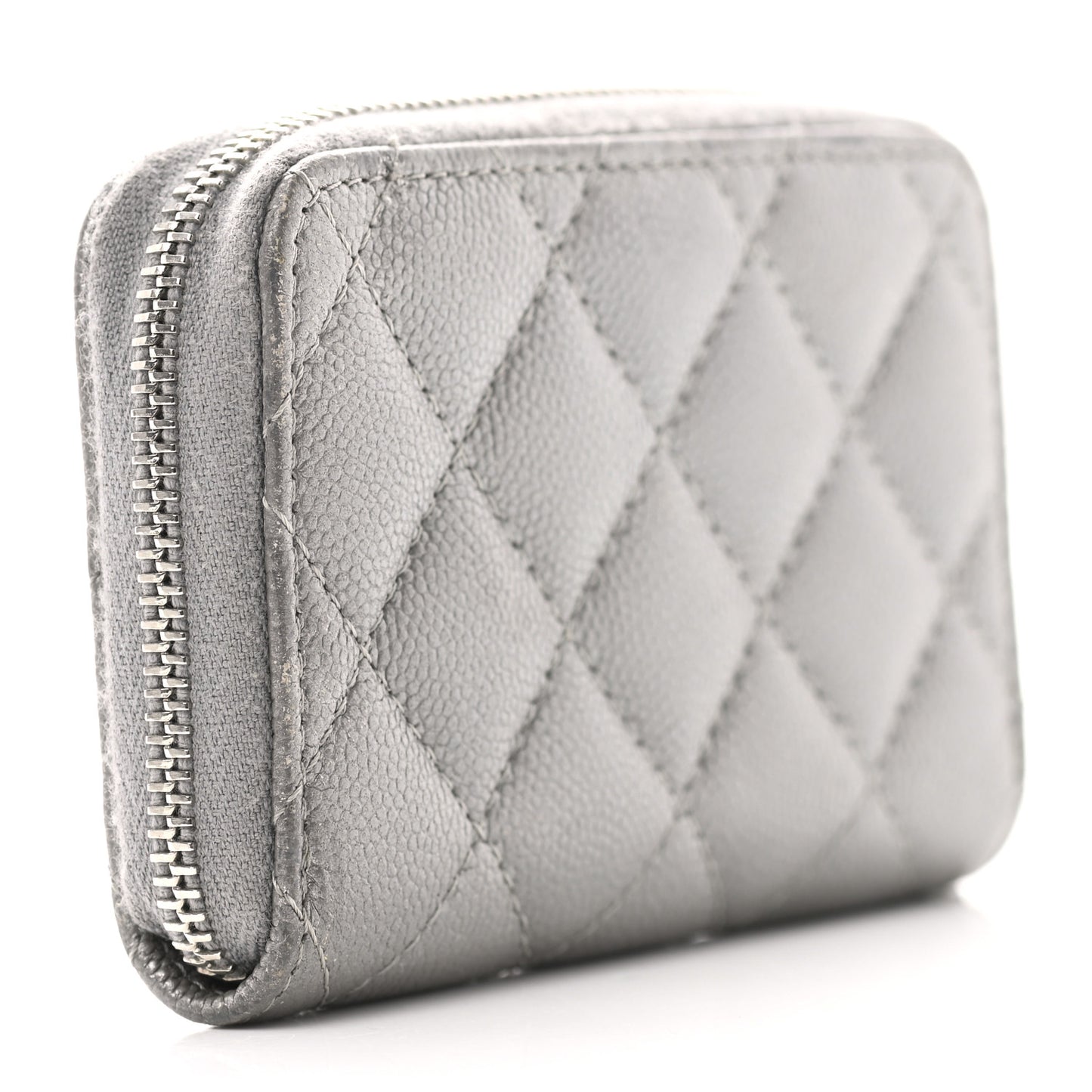 Metallic Caviar Quilted CC Zip Around Coin Purse Wallet Silver
