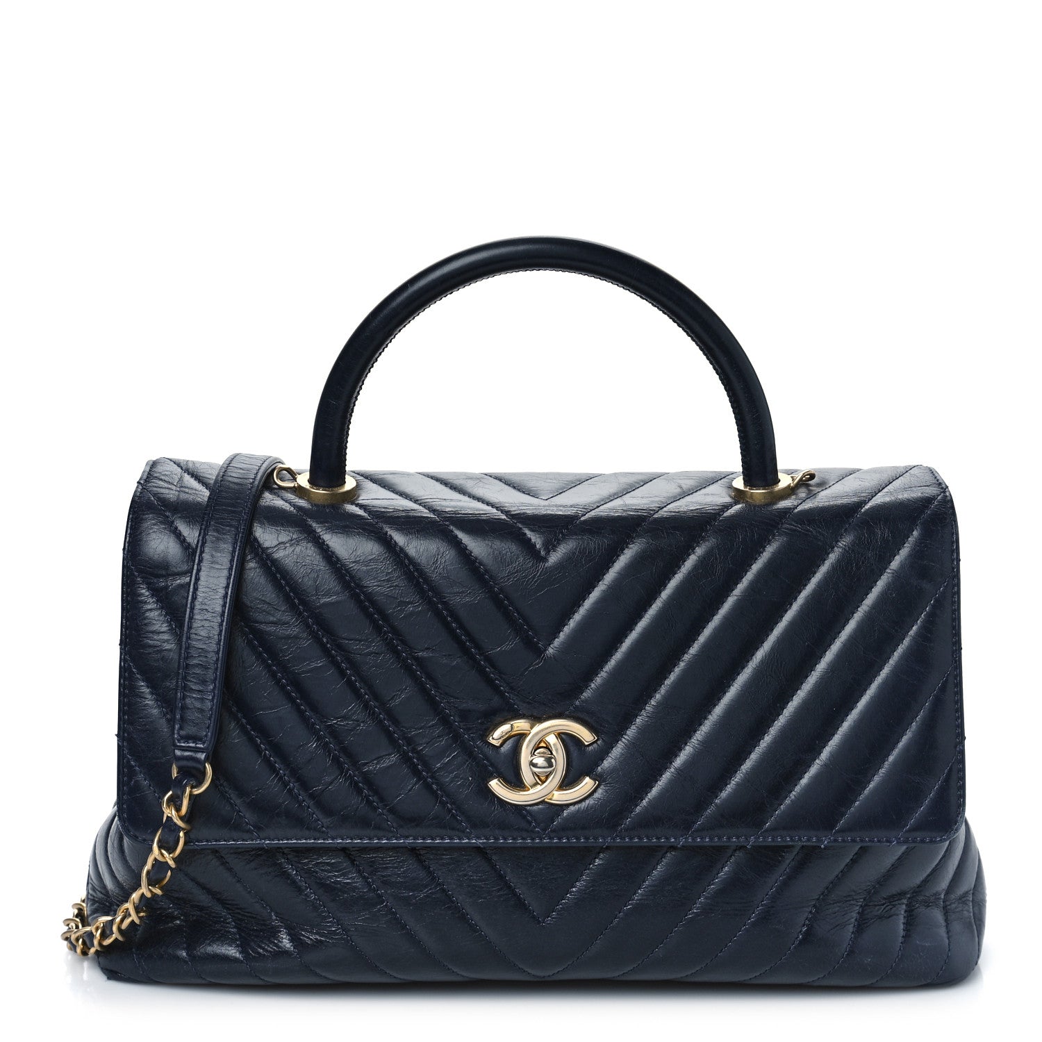 Chanel Aged Calfskin Chevron Quilted Small Coco Handle Flap Navy 1 of 11