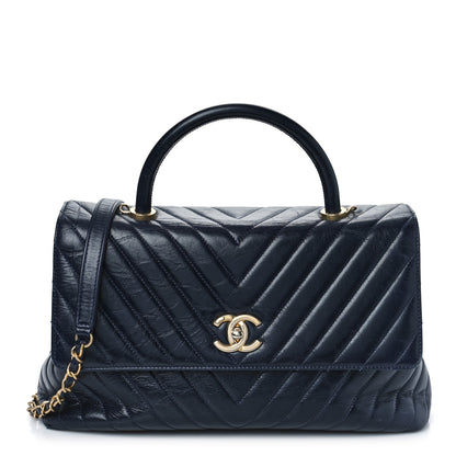 Chanel Aged Calfskin Chevron Quilted Small Coco Handle Flap Navy 1 of 11