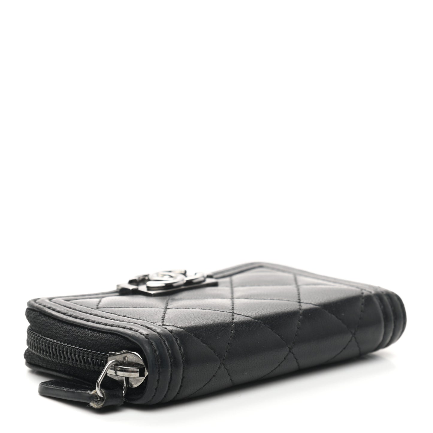 Lambskin Quilted Zip Around Boy Coin Purse Wallet Black