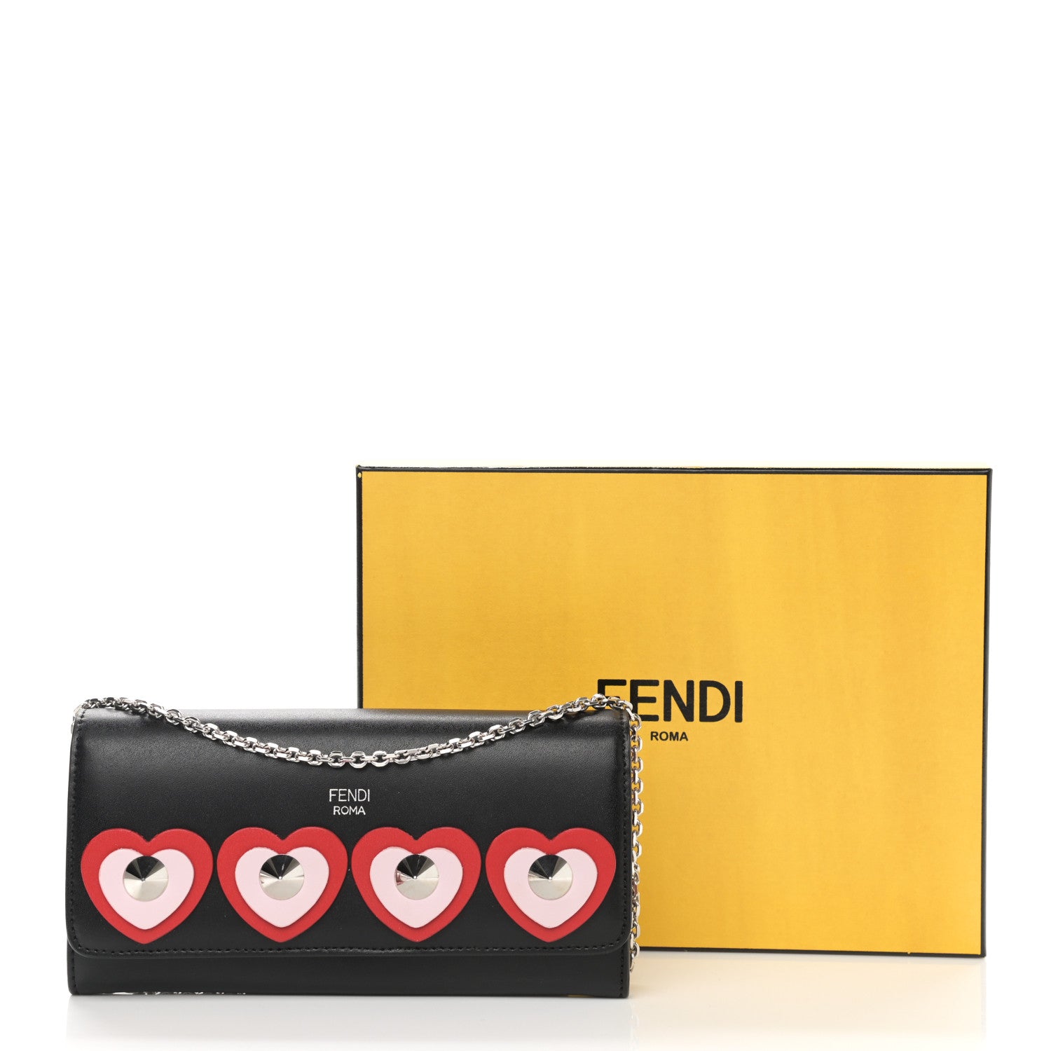 Fendi Calfskin Heart Studded Continental Wallet On Chain Black Red Peonia 11 of 11