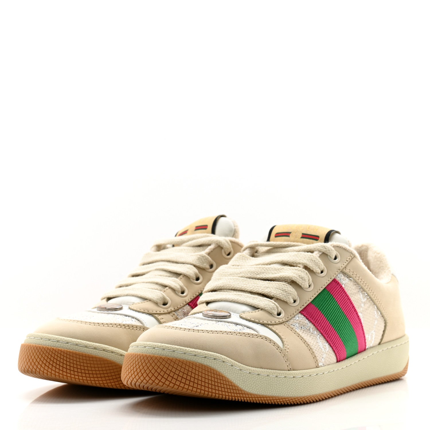 Gucci Lame GG Monogram Nubuck Web Screener Sneakers 37.5 Gardenia Silver Dusty Milk White 3 of 10