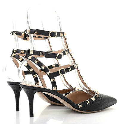 Valentino Garavani Pebbled Calfskin Rockstud Ankle Strap Low Heel Pumps 40 Black 3 of 6