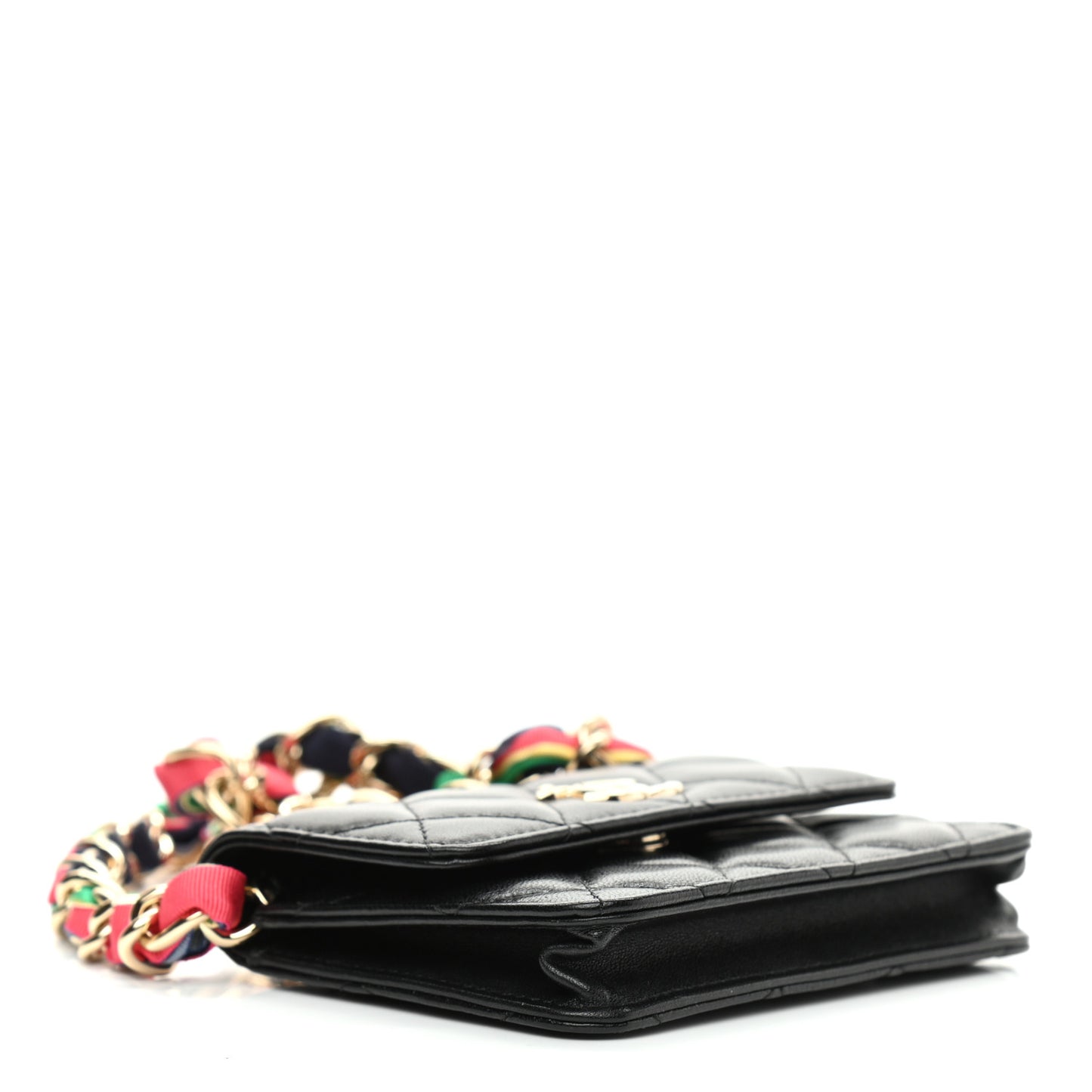 Shiny Lambskin Ribbon Quilted Flap Belt Bag Black