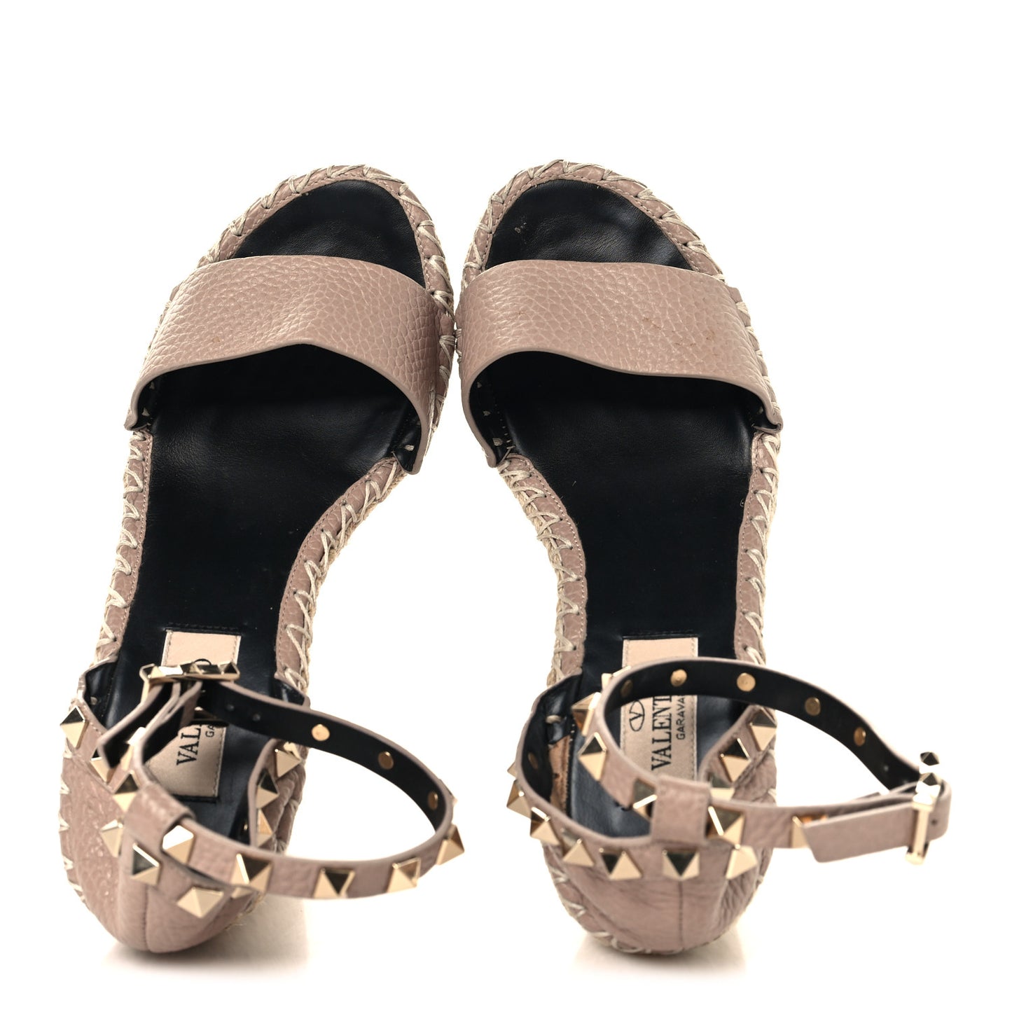 Grained Calfskin Rockstud Ankle Strap Espadrille 15/105mm Wedge Sandals 35 Poudre Natural