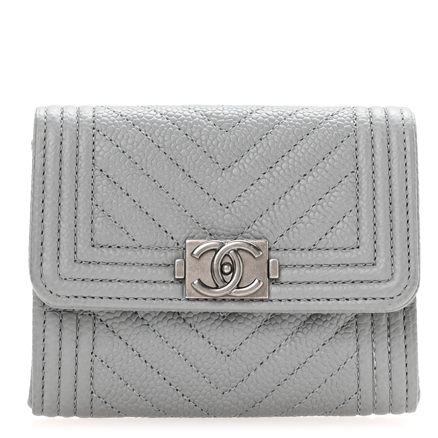Chanel Caviar Chevron Quilted Boy Card Holder Wallet Grey 1 of 9
