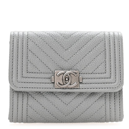Chanel Caviar Chevron Quilted Boy Card Holder Wallet Grey 1 of 9
