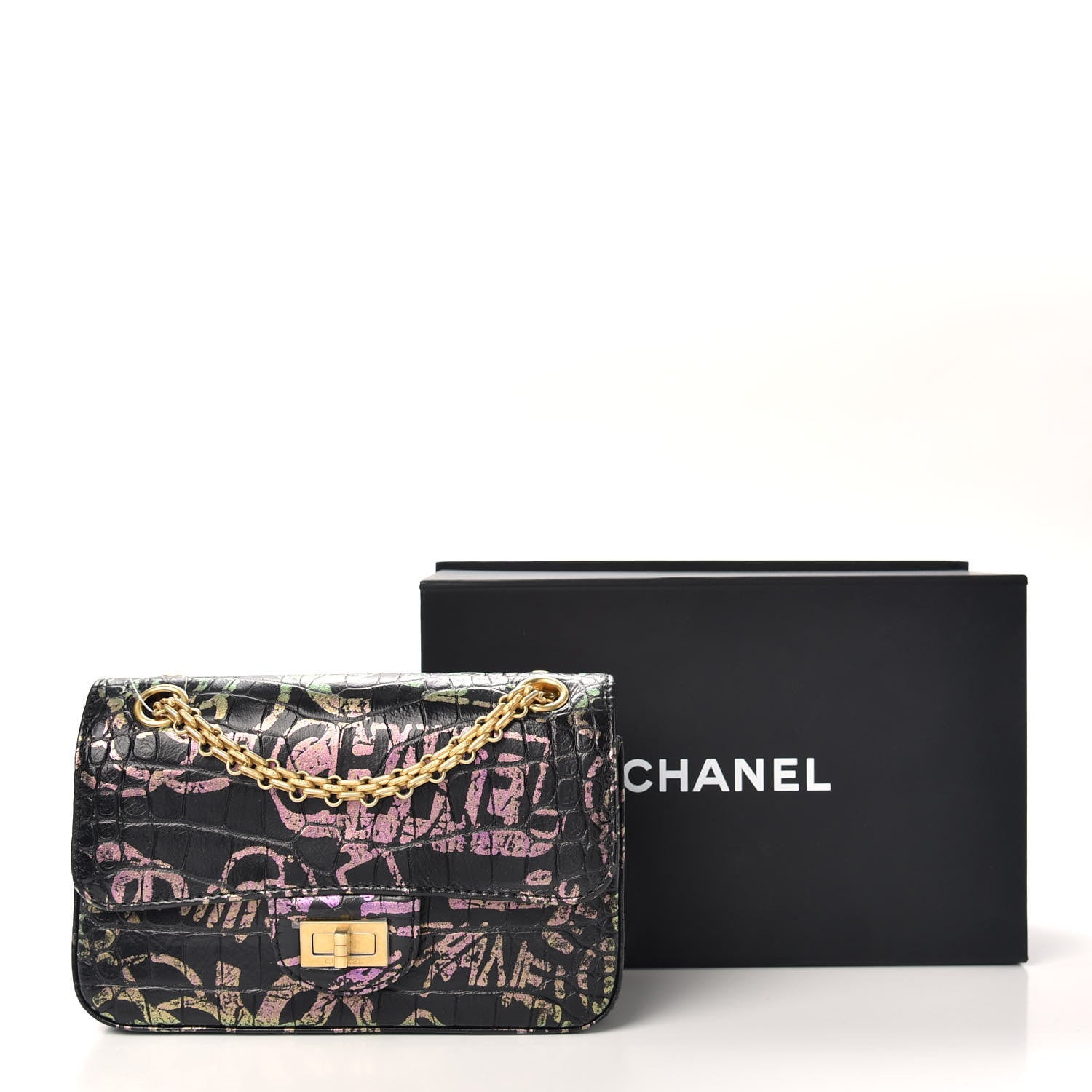 Chanel Calfskin Crocodile Embossed Graffiti 2.55 Mini Cocodile Reissue Flap Black Pink 10 of 10