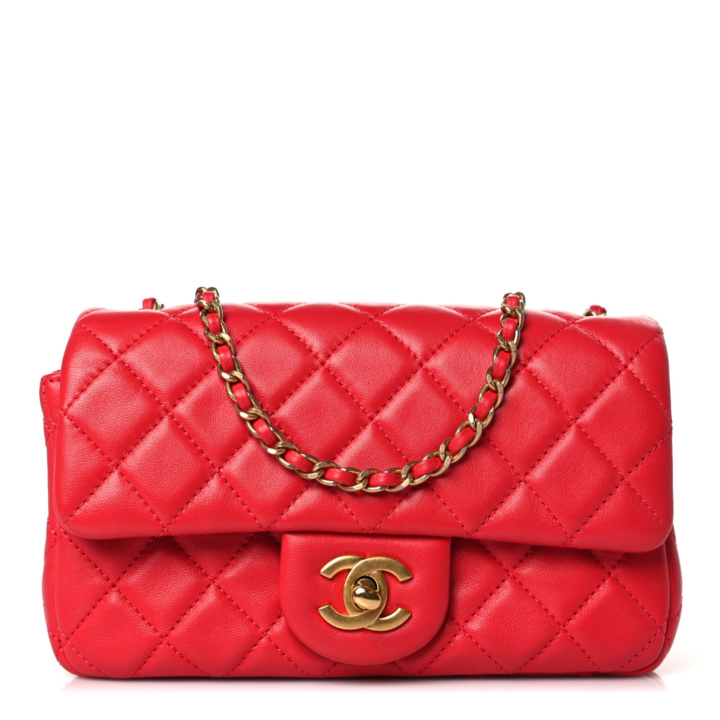 Lambskin Quilted Mini Rectangular Pearl Crush Flap Red