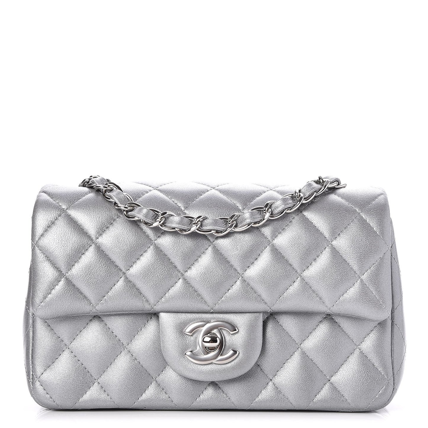 Metallic Lambskin Quilted Mini Rectangular Flap Silver
