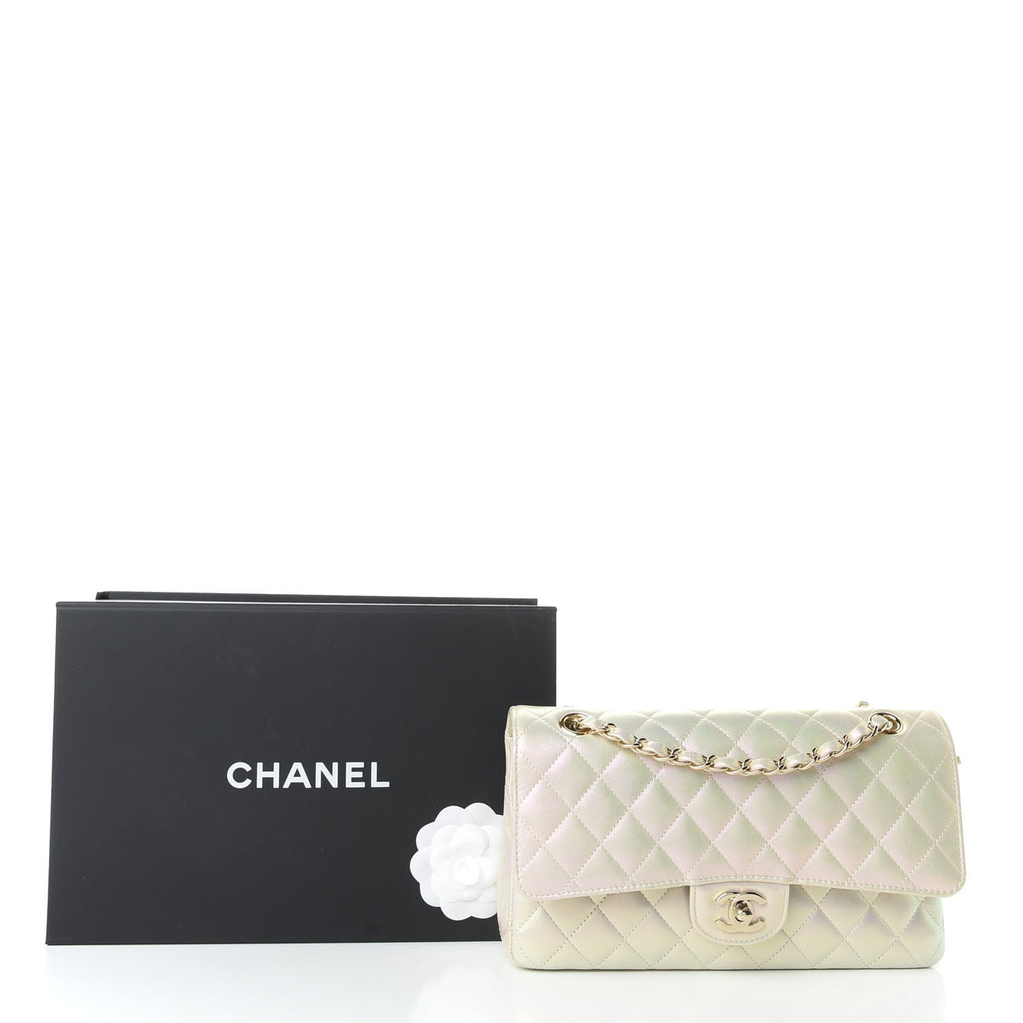 Iridescent Lambskin Quilted Medium Double Flap Ivory