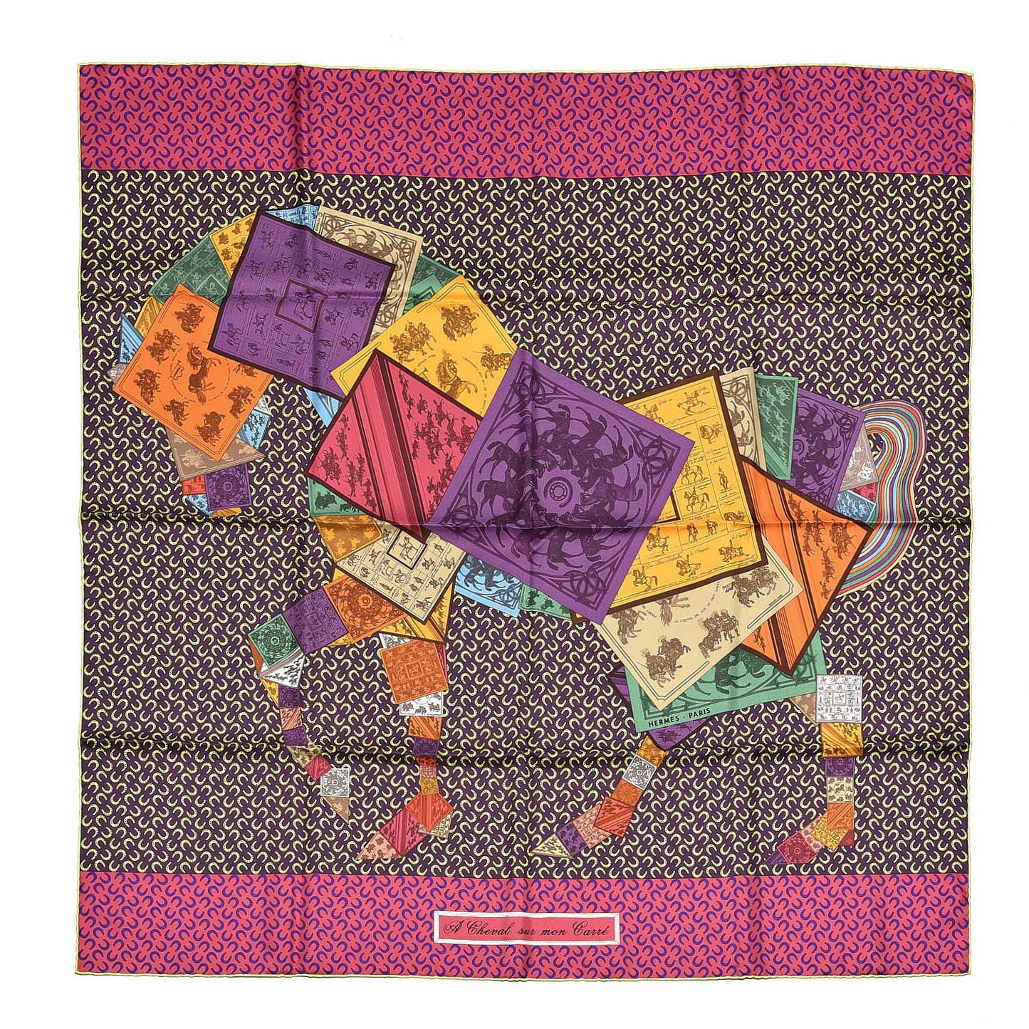 Silk A Cheval Sur Mon Carre Scarf 90 Aubergine Framboise Jaune