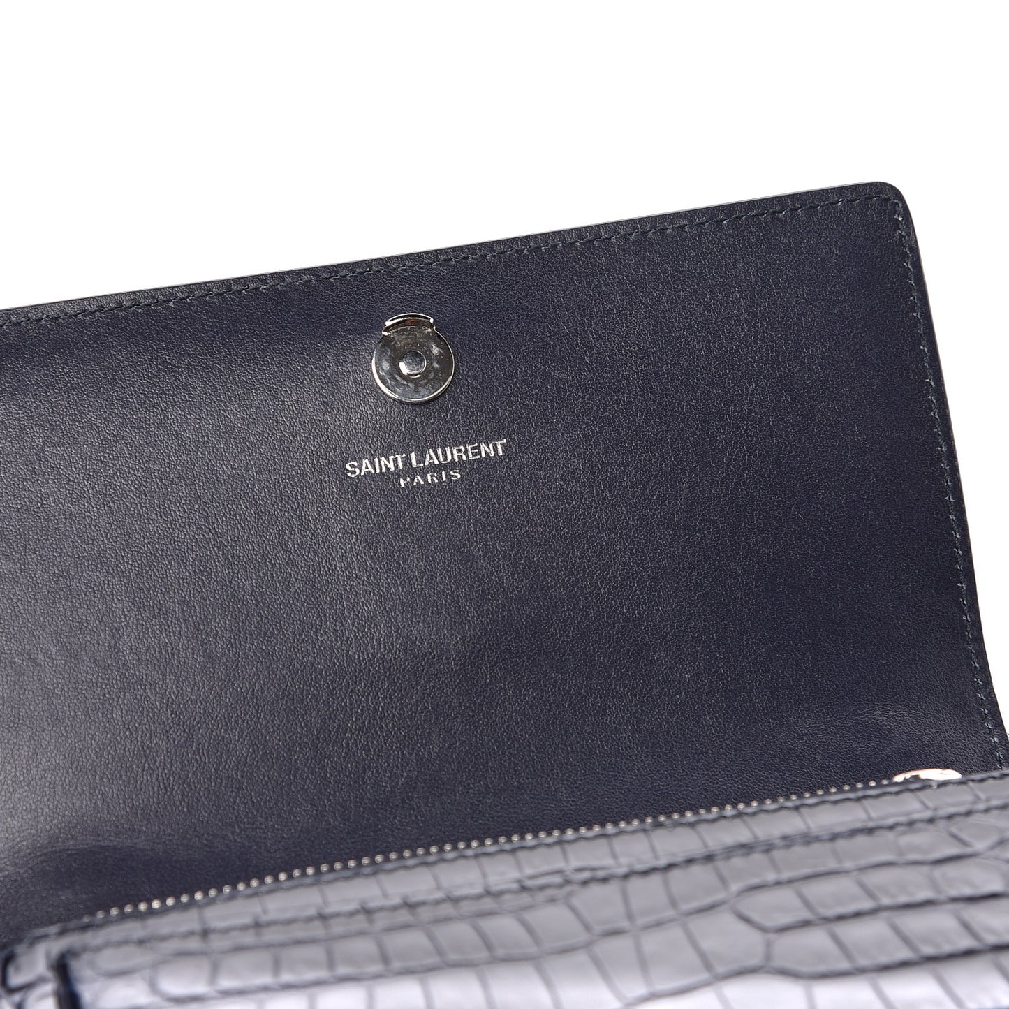Calfskin Crocodile Embossed Monogram Sunset Chain Wallet Navy
