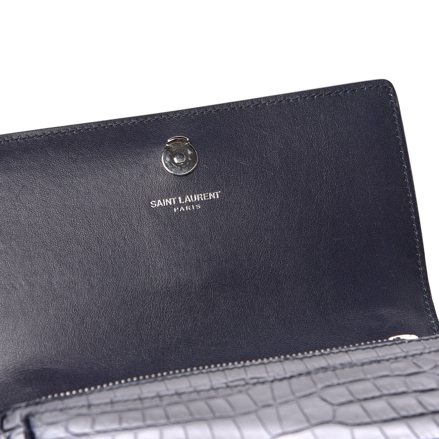 Saint Laurent Calfskin Crocodile Embossed Monogram Sunset Chain Wallet Navy 12 of 13
