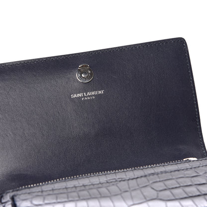 Saint Laurent Calfskin Crocodile Embossed Monogram Sunset Chain Wallet Navy 12 of 13