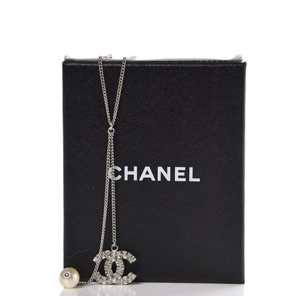 Chanel Baguette Crystal Pearl CC Lariat Necklace Silver 5 of 5