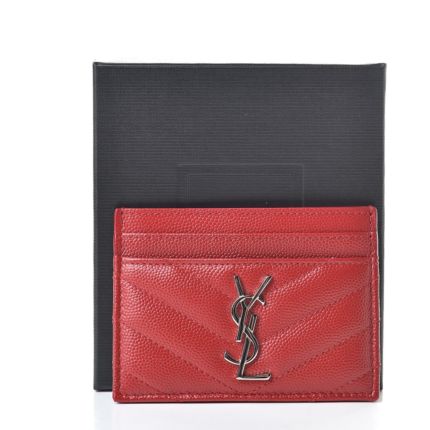 Saint Laurent Grain De Poudre Matelasse Chevron Credit Card Case New Red 8 of 8