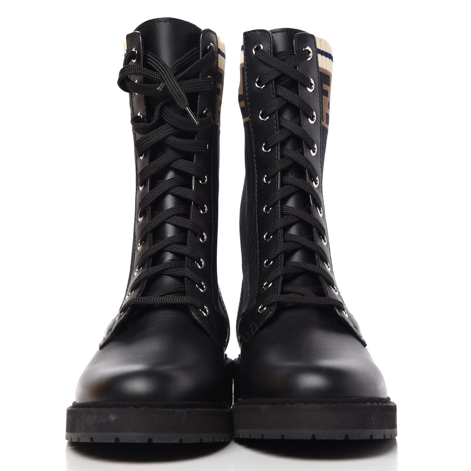 Fendi Calfskin Stretch Fabric Rockoko Biker Boots 40 Tobacco Black Marino 2 of 10