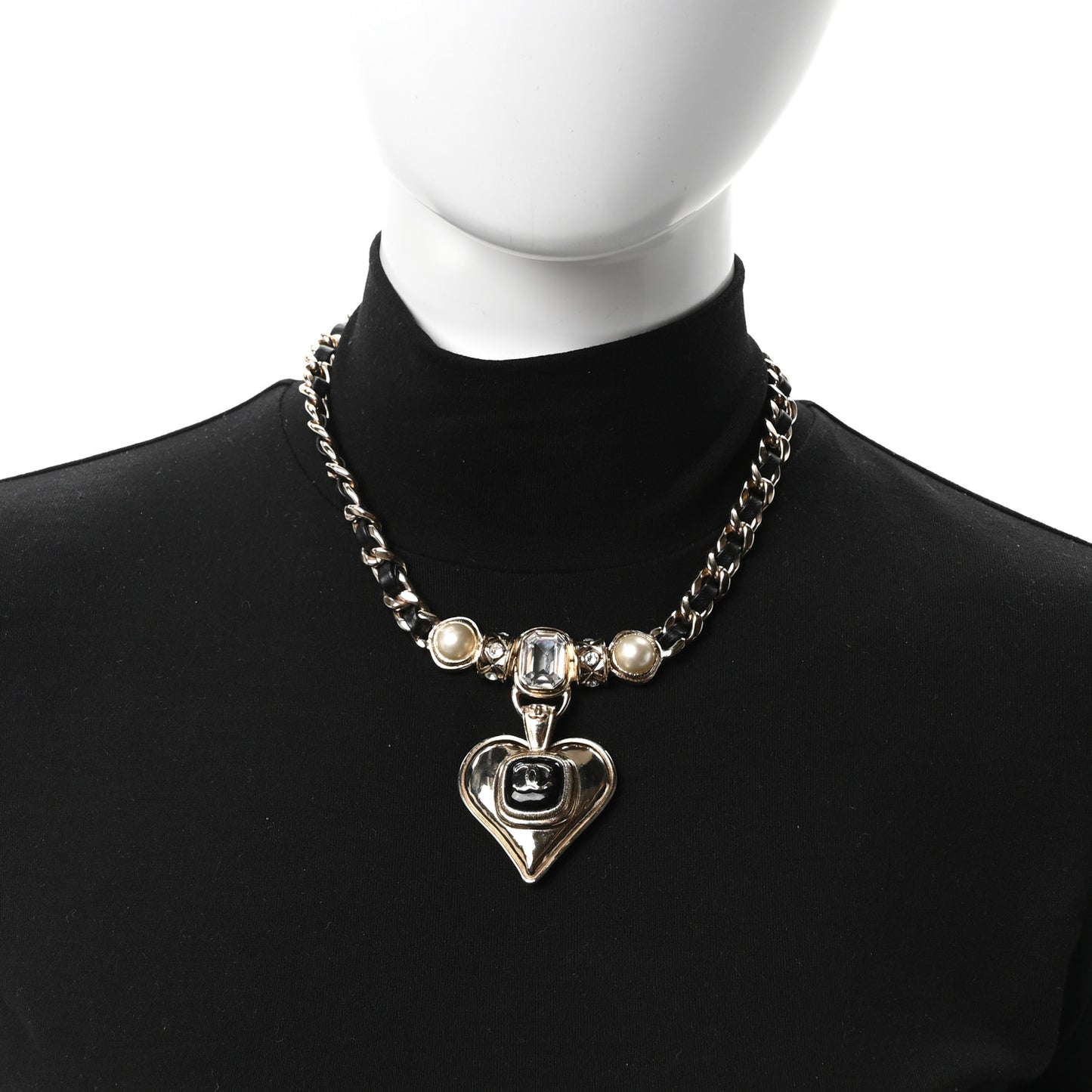 Lambskin Crystal Pearl CC Heart Choker Gold Black