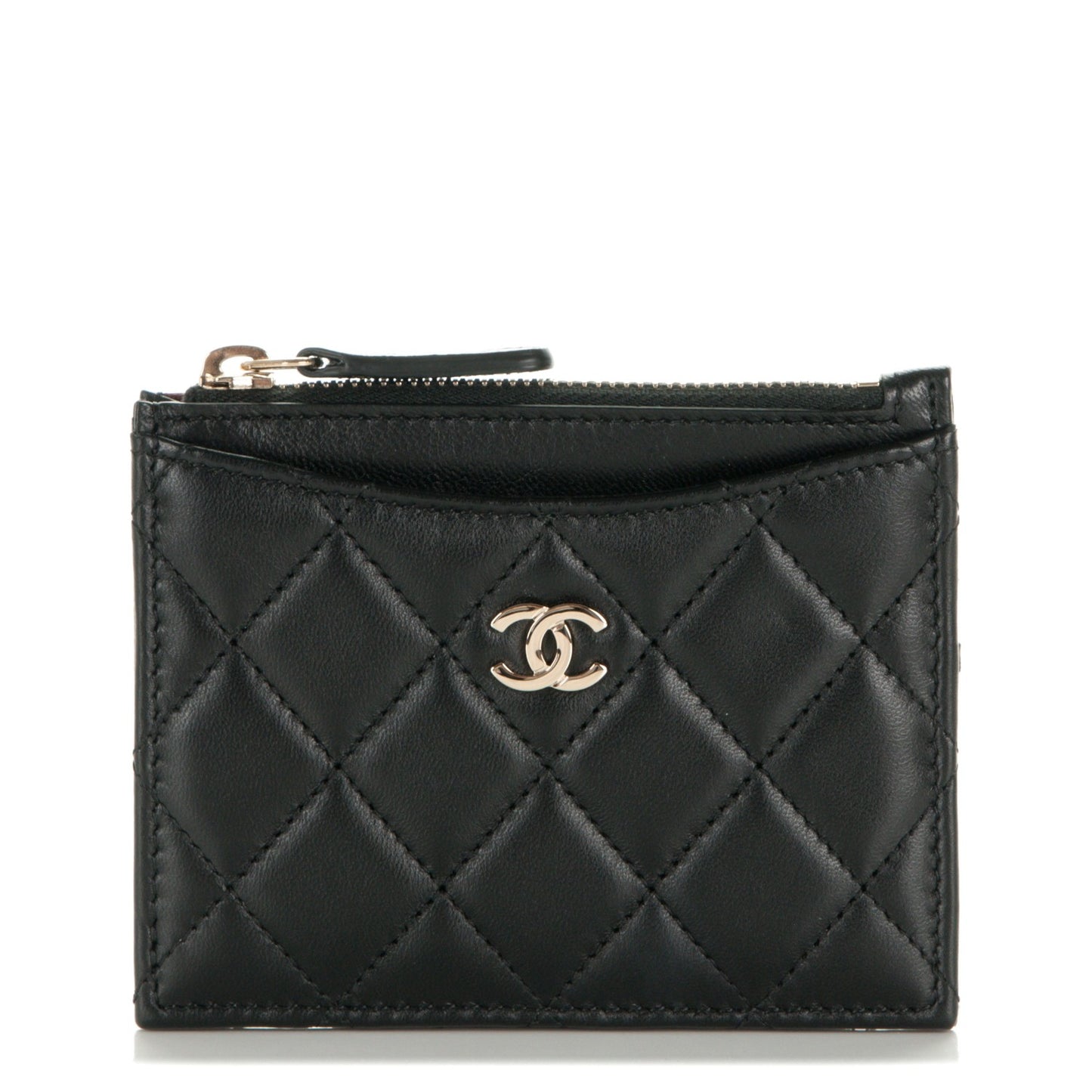 Lambskin Quilted Zip Card Holder Black