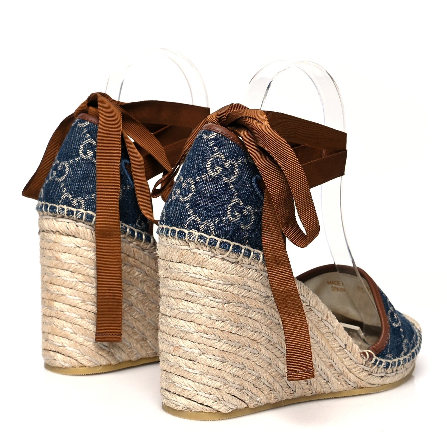 Gucci Denim GG Monogram Ankle Wrap Platform Espadrille Wedges 38.5 Blue Tea Cuir 4 of 8