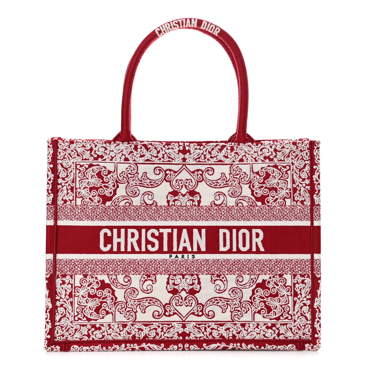Christian Dior Canvas Embroidered Medium Book Tote Red White 1 of 12