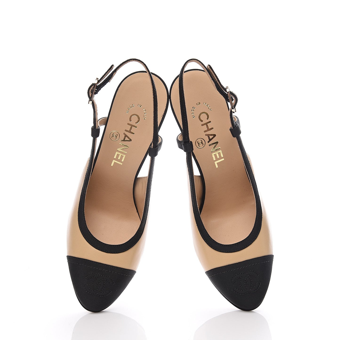 Lambskin Grosgrain Cap Toe CC Slingback Pumps 36 Beige Black