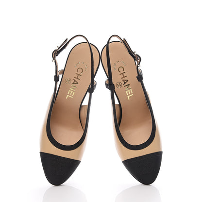 Chanel Lambskin Grosgrain Cap Toe CC Slingback Pumps 36 Beige Black 6 of 10