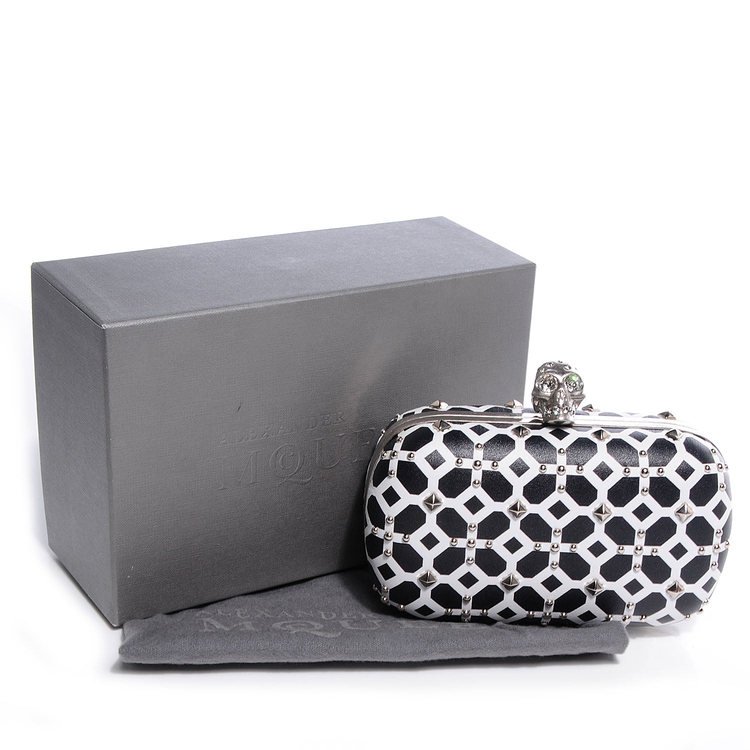 Alexander McQueen Classic Grid Skull Clasp Clutch Bag Ivory and Black 5 of 10