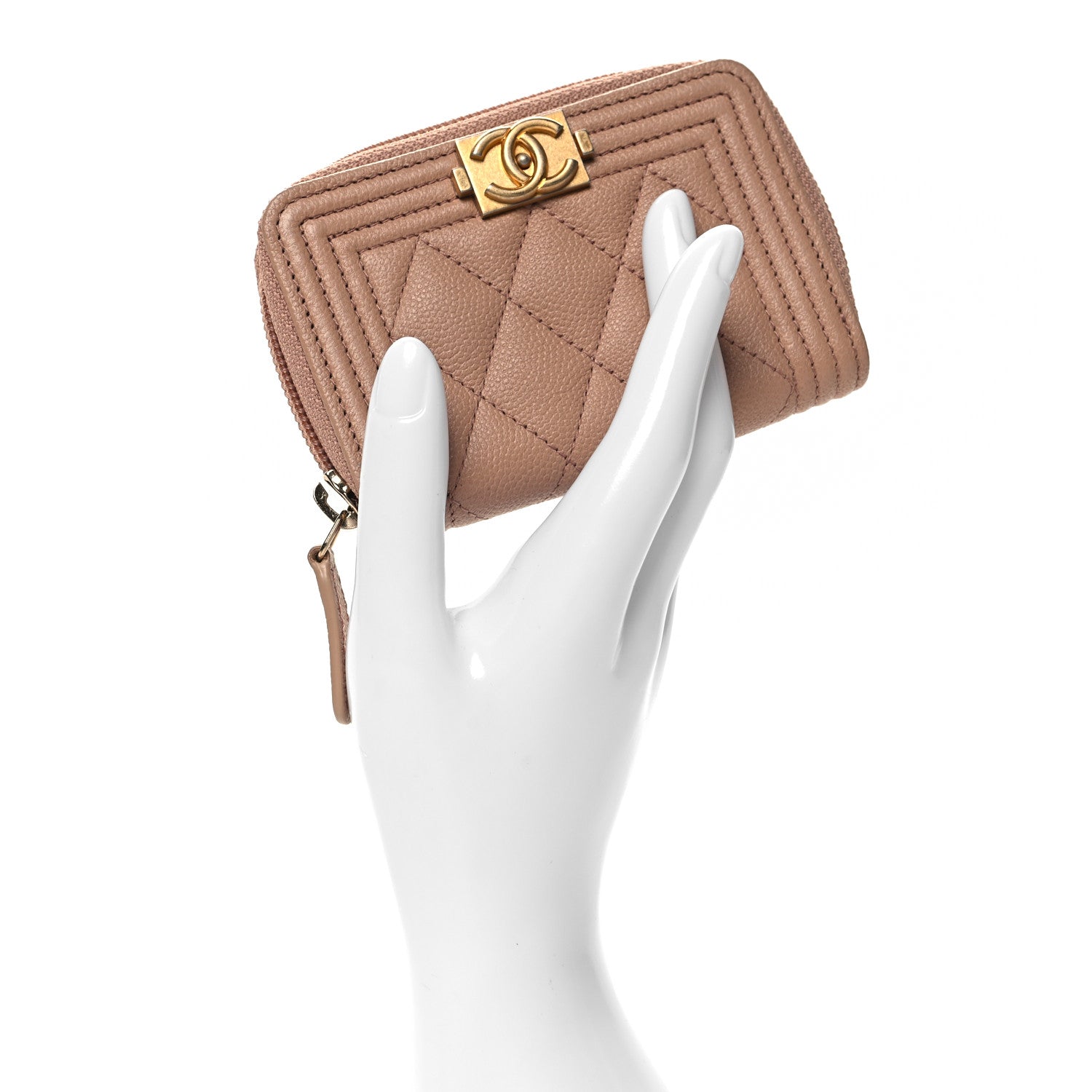 Chanel Caviar Quilted Boy Zip Around Coin Purse Wallet Beige 2 of 7
